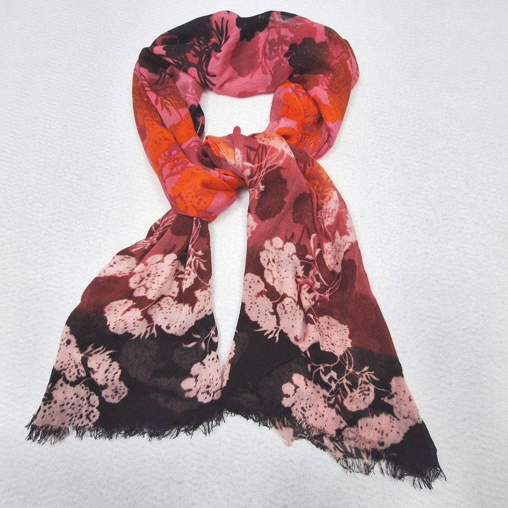 The Limited Scarf Womens OS Pink Orange Floral Lightweight Rayon Fringe Wrap
